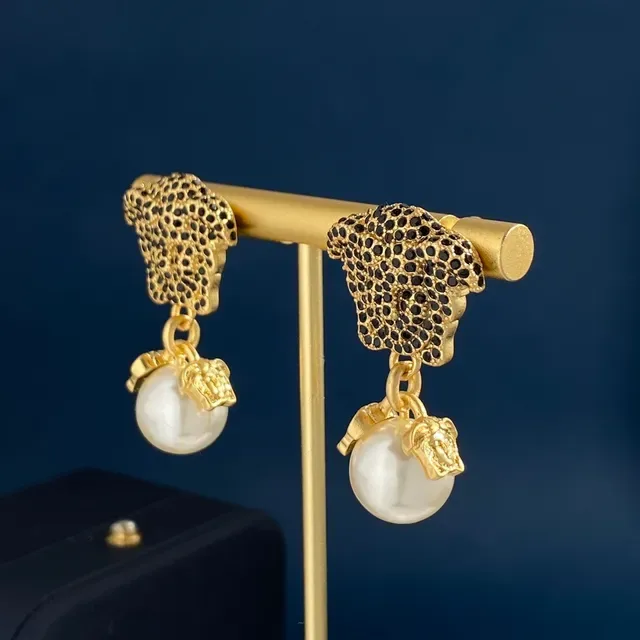 Gold-Tone Medusa Head Pavé Pearl Drop Earrings 5