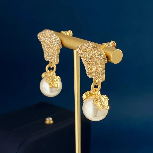 Gold-Tone Medusa Head Pavé Pearl Drop Earrings 6