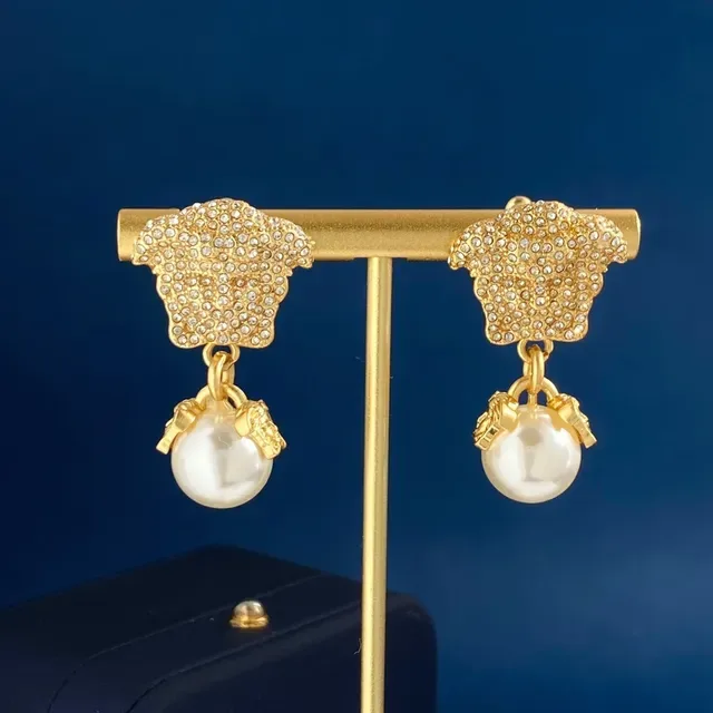 Gold-Tone Medusa Head Pavé Pearl Drop Earrings 8