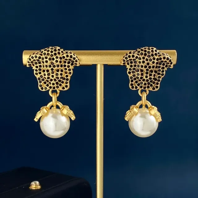 Gold-Tone Medusa Head Pavé Pearl Drop Earrings 9