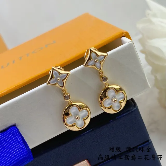 Gold-Tone Mother-of-Pearl Four-Petal Flower Drop Earrings 3