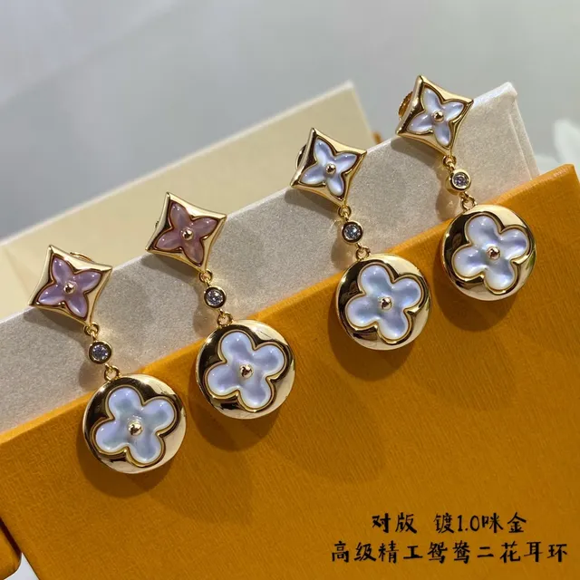 Gold-Tone Mother-of-Pearl Four-Petal Flower Drop Earrings 5