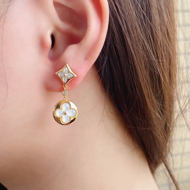 Gold-Tone Mother-of-Pearl Four-Petal Flower Drop Earrings 6