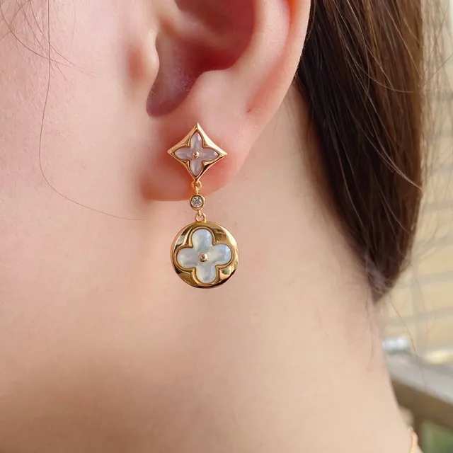 Gold-Tone Mother-of-Pearl Four-Petal Flower Drop Earrings 7