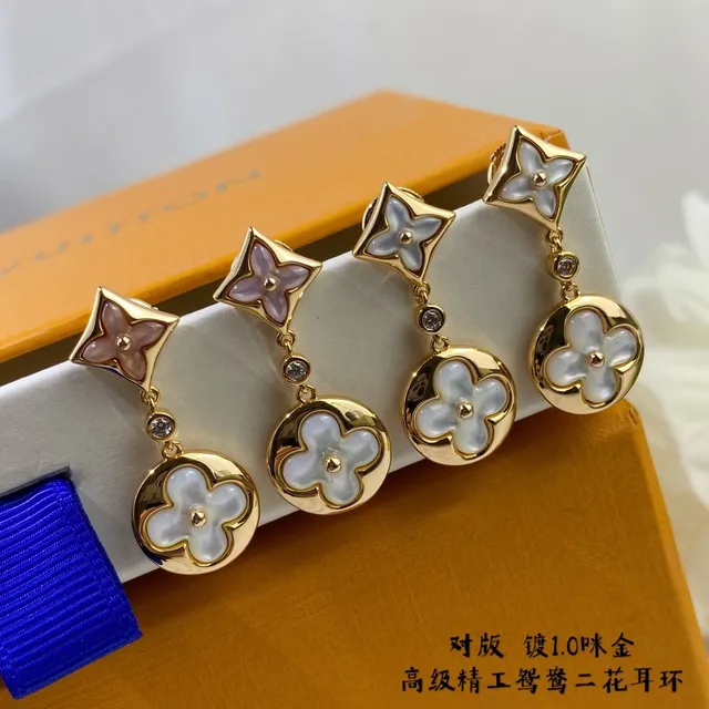 Gold-Tone Mother-of-Pearl Four-Petal Flower Drop Earrings 8