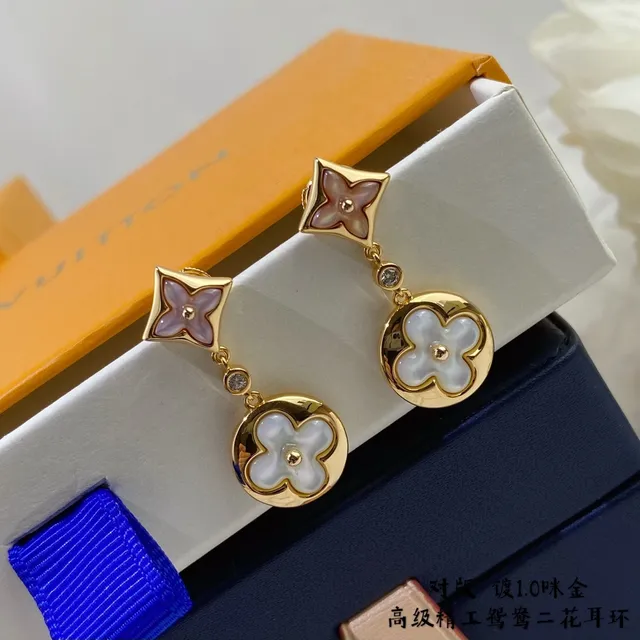 Gold-Tone Mother-of-Pearl Four-Petal Flower Drop Earrings 9
