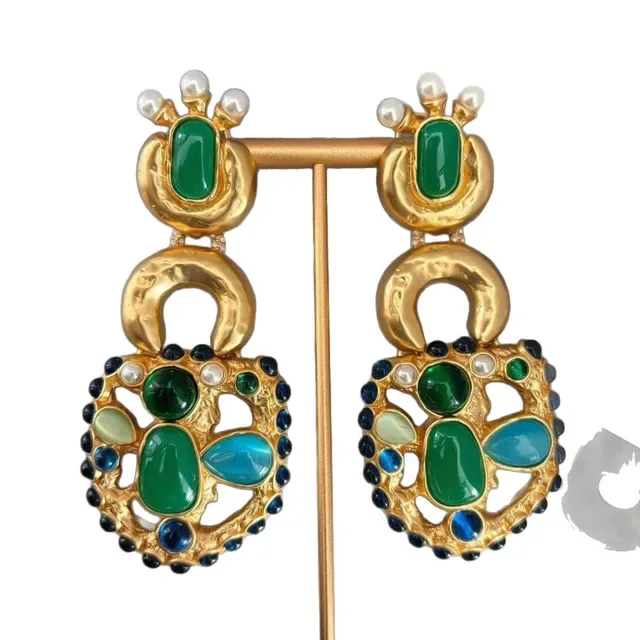 Gold-Tone Multi-Gemstone Pearl Dangling Earrings 3