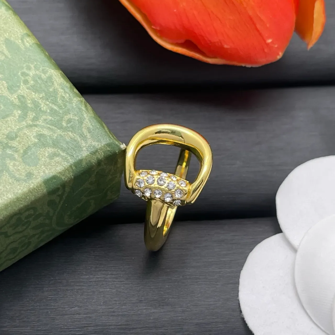 Gold-Tone Open Hoop Pavé Crystal Adjustable Ring 6