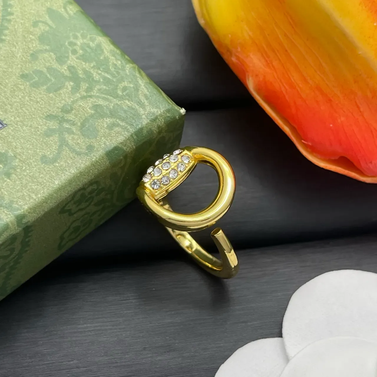 Gold-Tone Open Hoop Pavé Crystal Adjustable Ring 7