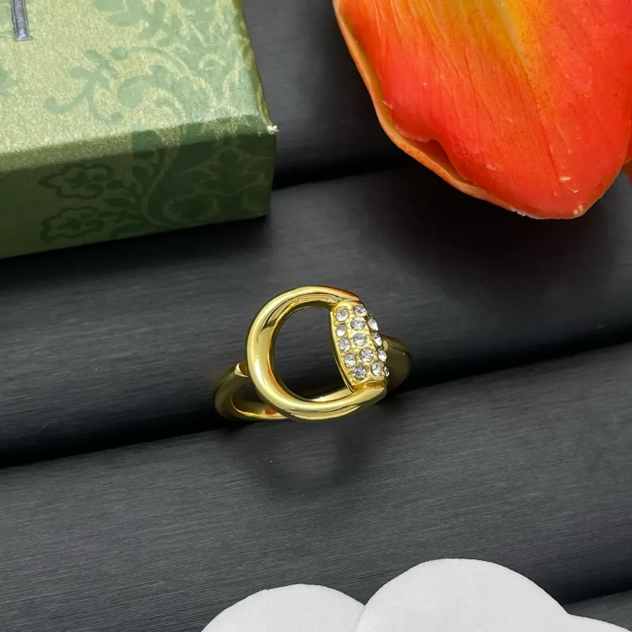 Gold-Tone Open Hoop Pavé Crystal Adjustable Ring 8
