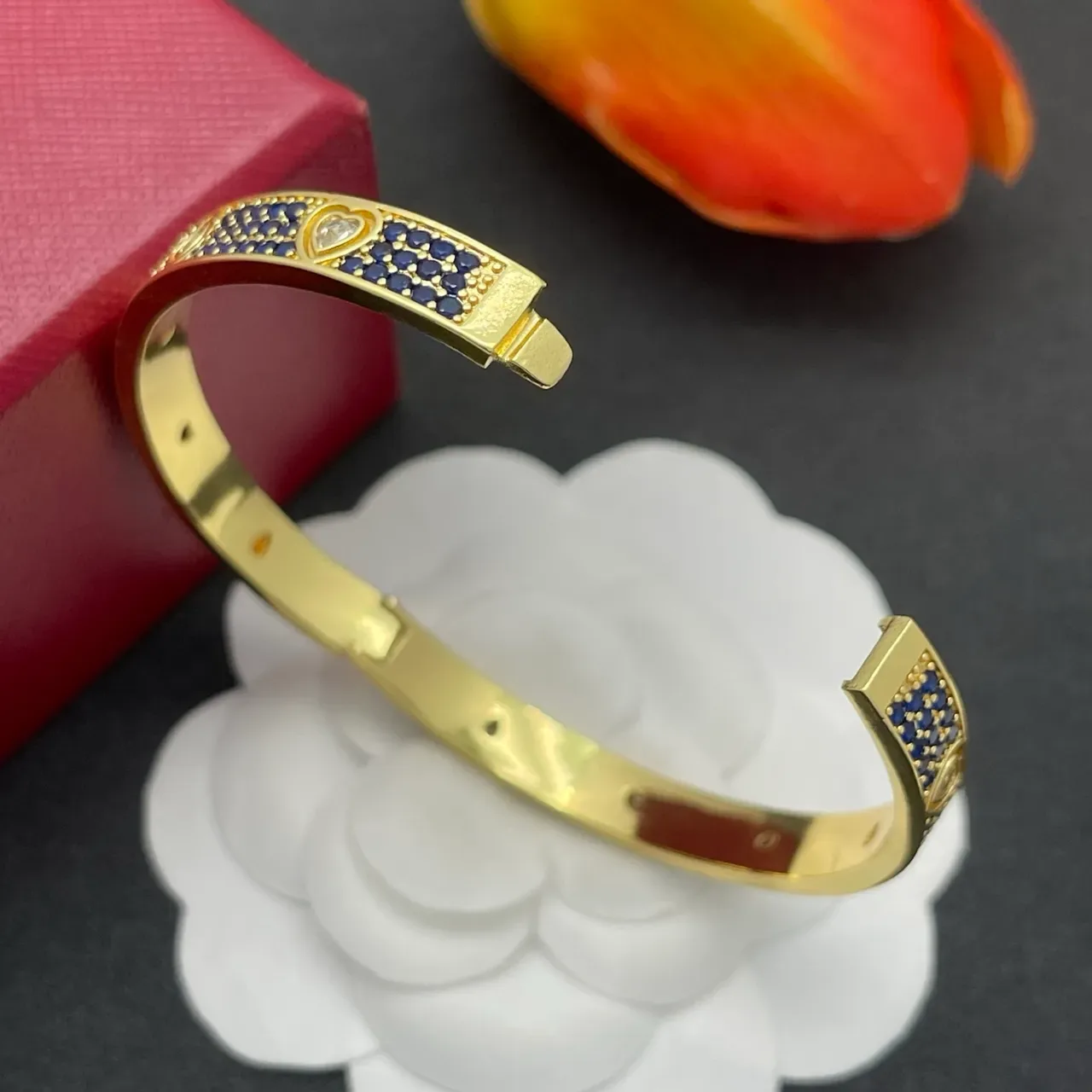 Gold-Tone Pavé Blue Stone Heart Accent Bangle Bracelet 4
