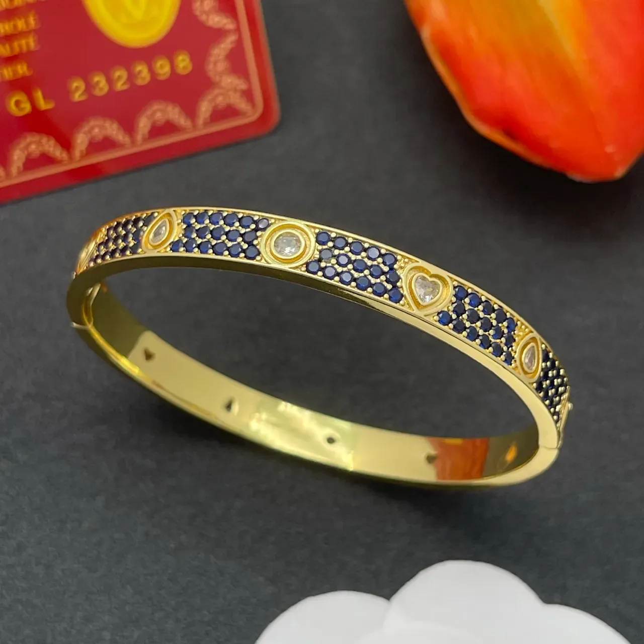 Gold-Tone Pavé Blue Stone Heart Accent Bangle Bracelet 7