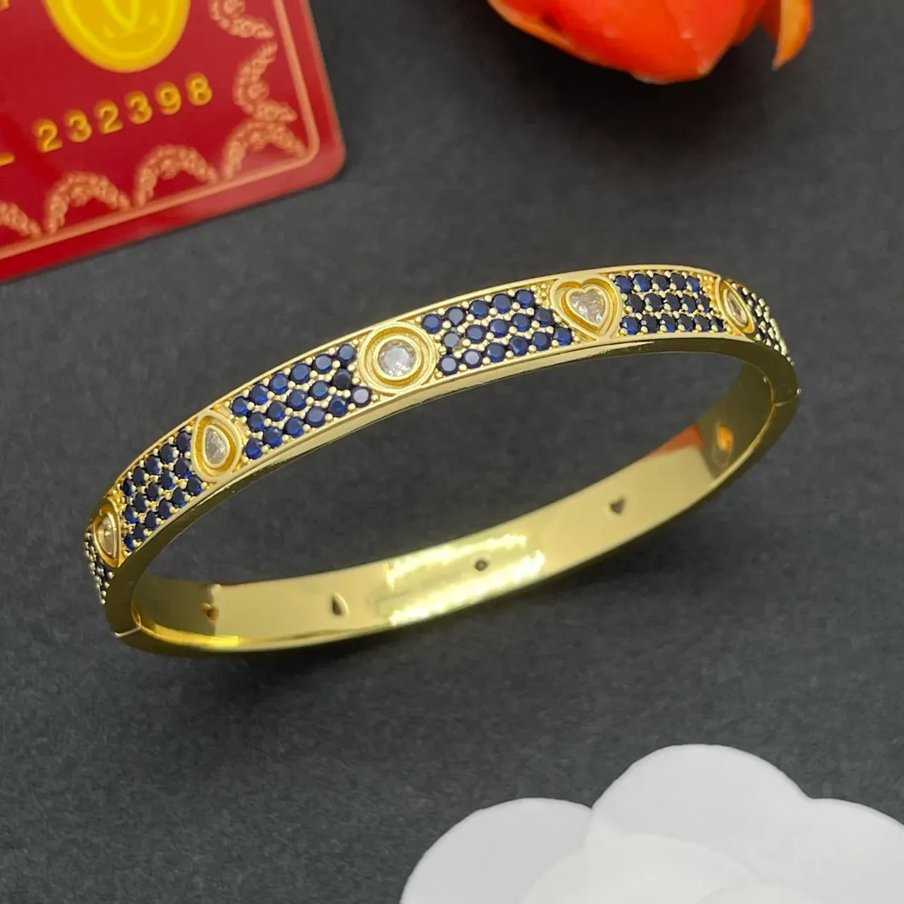 Gold-Tone Pavé Blue Stone Heart Accent Bangle Bracelet 8