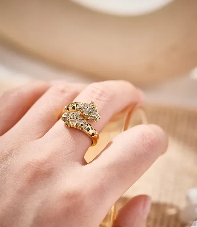 Gold-Tone Pavé Dual Leopard Head Open Band Ring 2