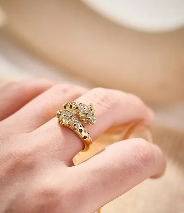 Gold-Tone Pavé Dual Leopard Head Open Band Ring 3