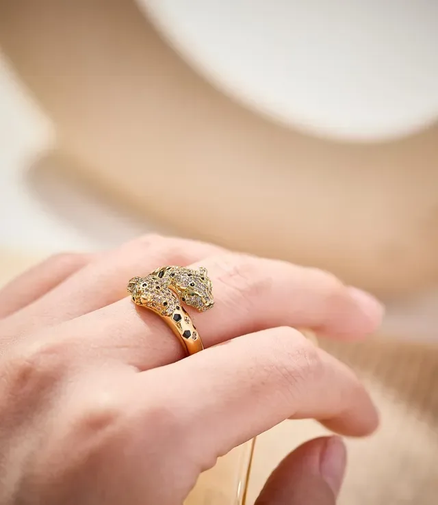 Gold-Tone Pavé Dual Leopard Head Open Band Ring 5