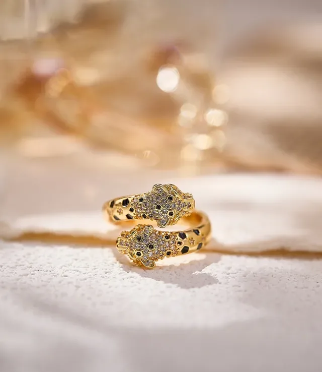 Gold-Tone Pavé Dual Leopard Head Open Band Ring 6