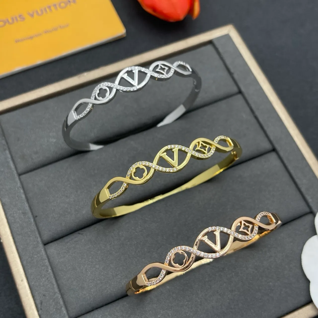 Gold-Tone Pavé Monogram Openwork Bangle Bracelet 2