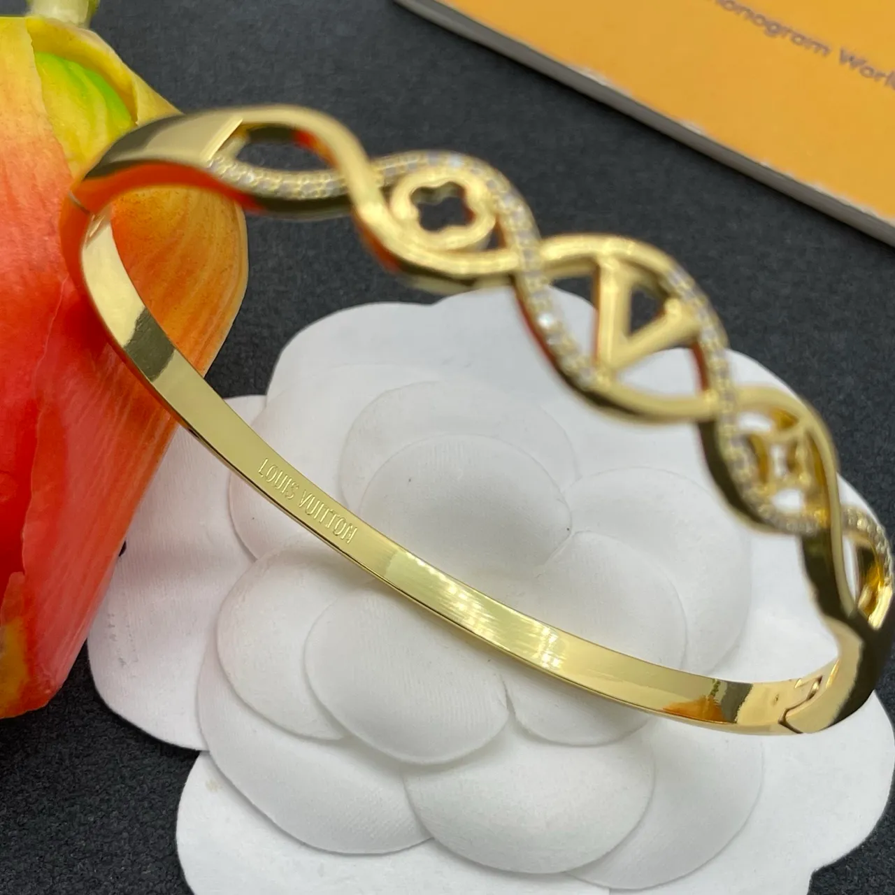 Gold-Tone Pavé Monogram Openwork Bangle Bracelet 3