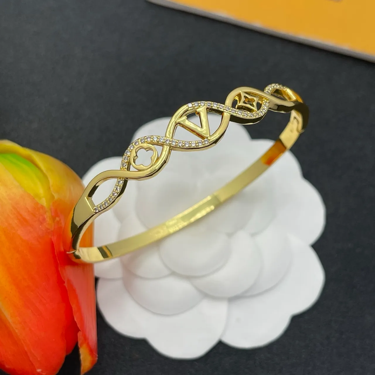 Gold-Tone Pavé Monogram Openwork Bangle Bracelet 7