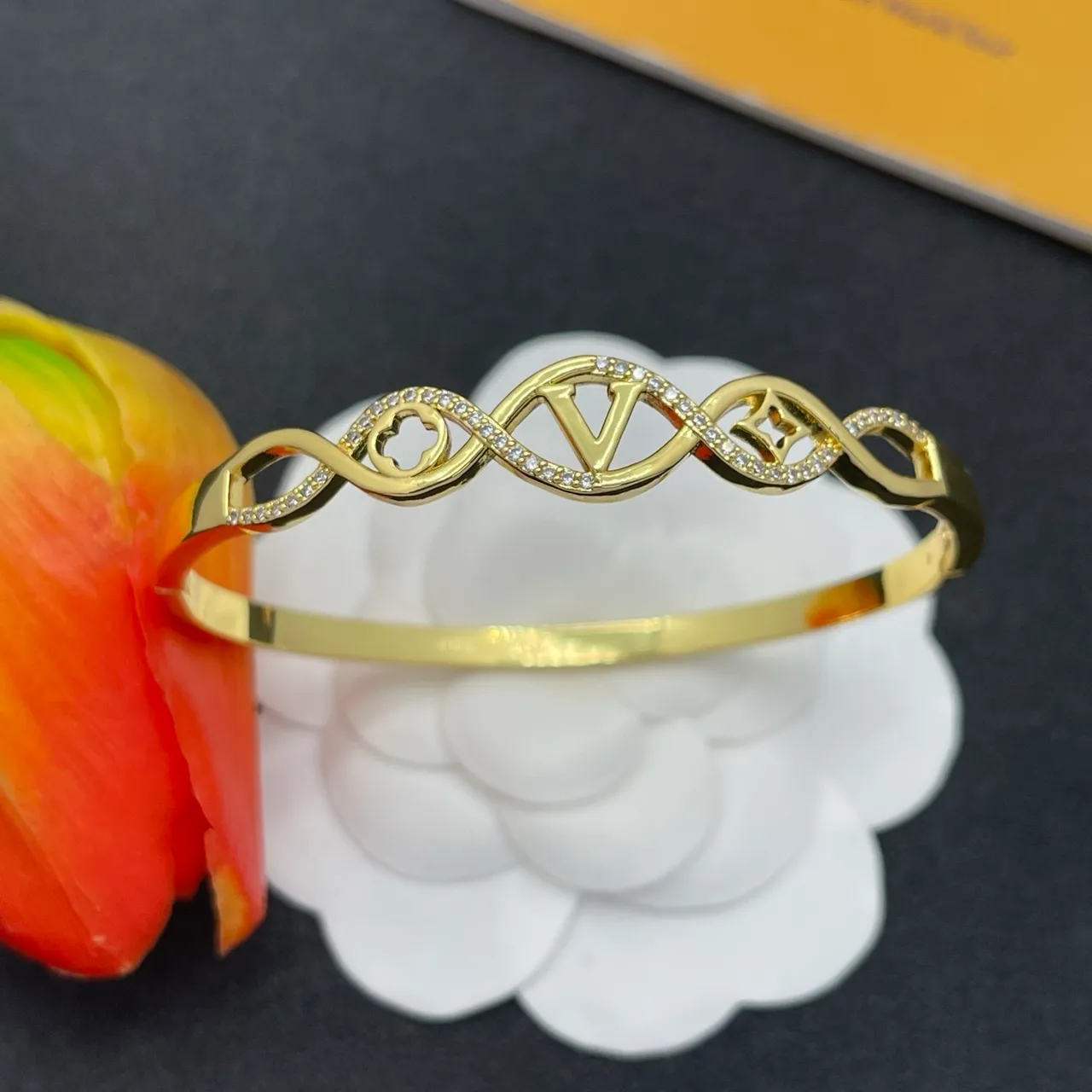 Gold-Tone Pavé Monogram Openwork Bangle Bracelet 8