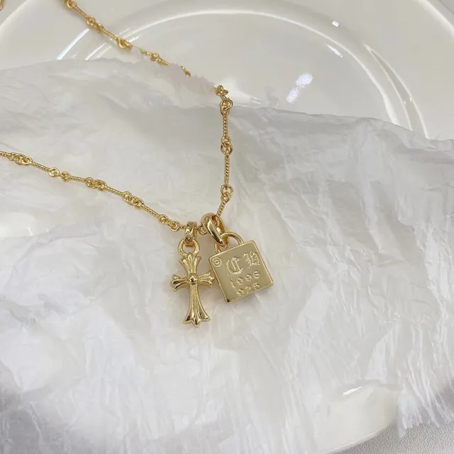 Gold-Tone Pavé Square Lock and Cross Charm Necklace 3