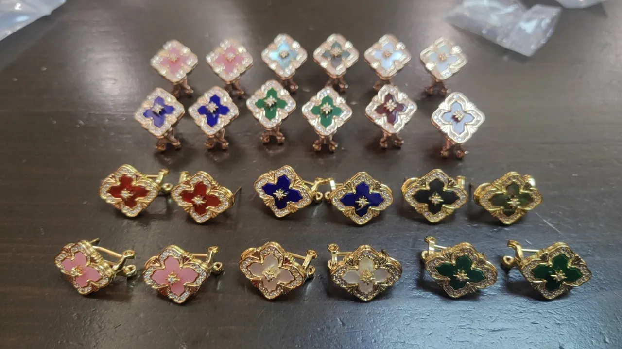 Gold-Tone Quatrefoil Enamel and Pavé Stone Earrings 2