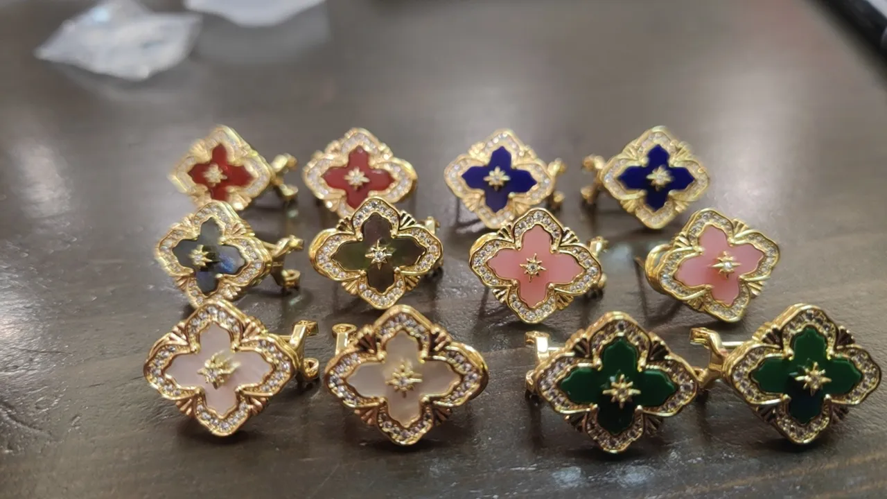 Gold-Tone Quatrefoil Enamel and Pavé Stone Earrings 3