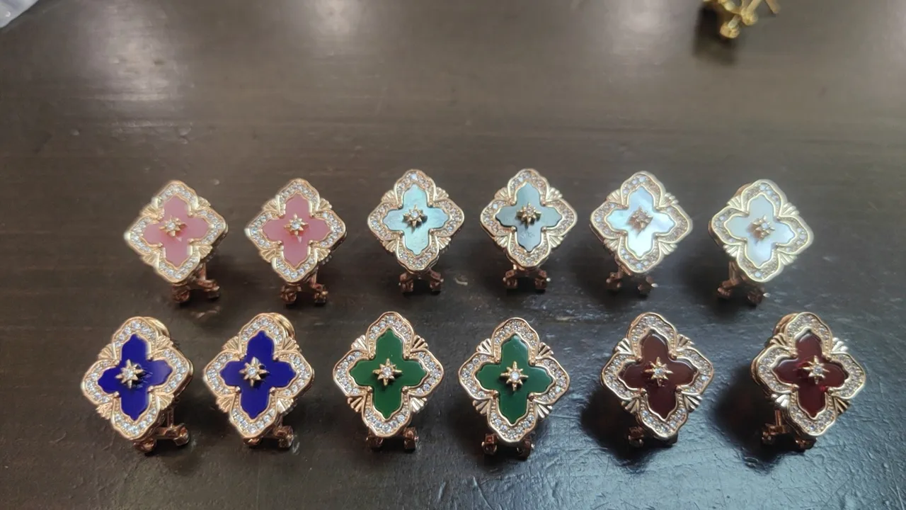 Gold-Tone Quatrefoil Enamel and Pavé Stone Earrings 4