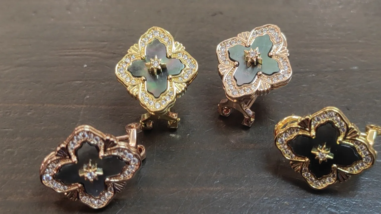 Gold-Tone Quatrefoil Enamel and Pavé Stone Earrings 6