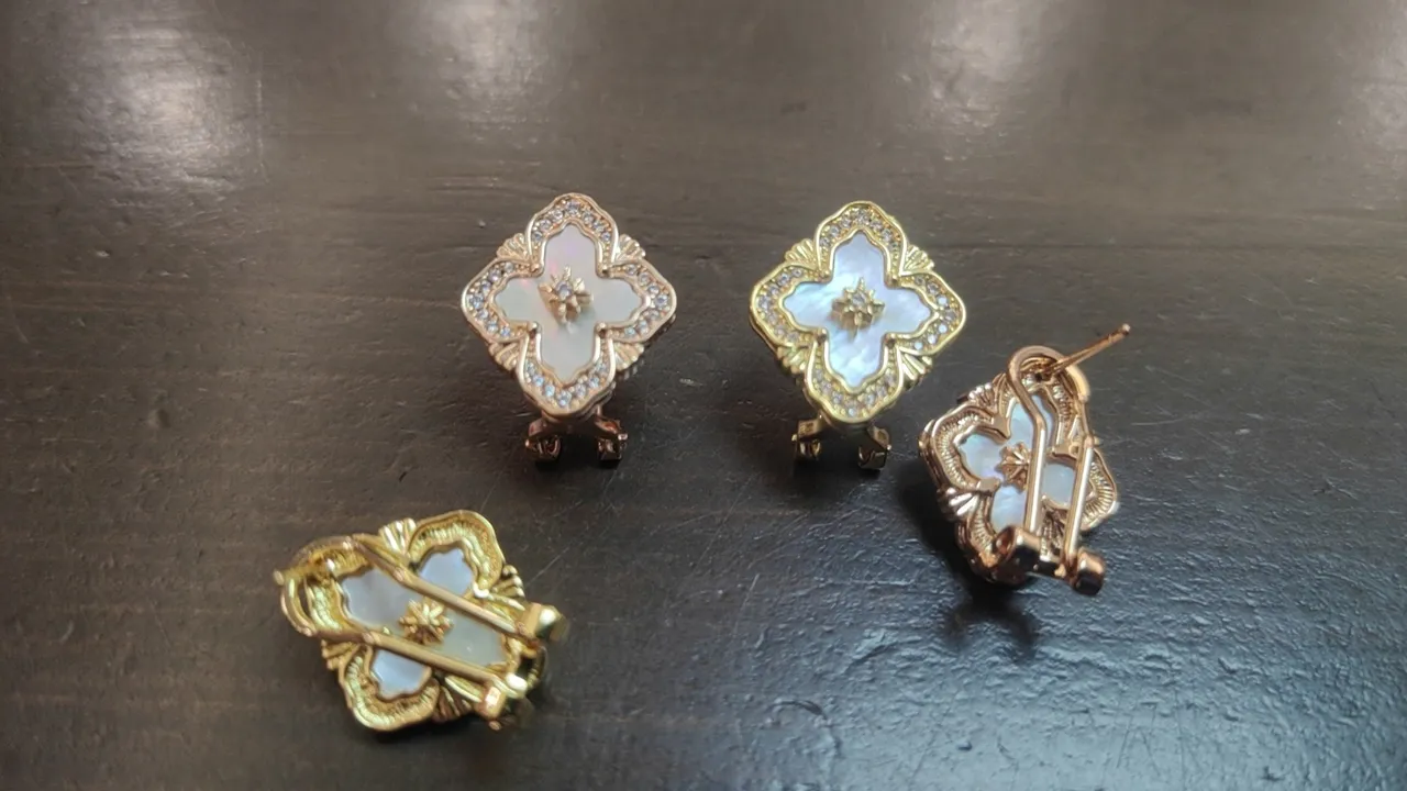 Gold-Tone Quatrefoil Enamel and Pavé Stone Earrings 7