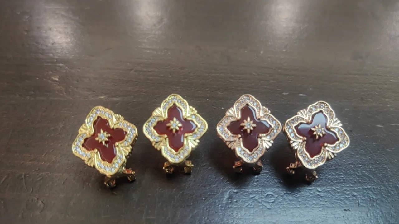 Gold-Tone Quatrefoil Enamel and Pavé Stone Earrings 8