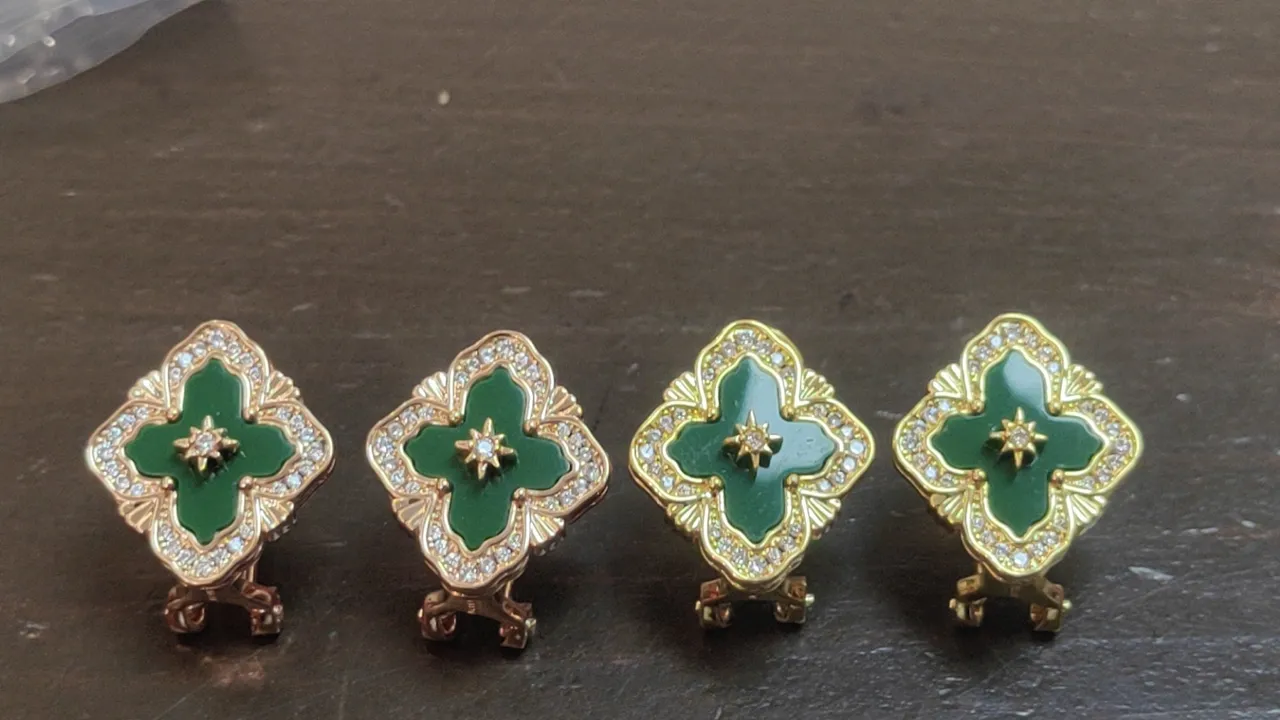 Gold-Tone Quatrefoil Enamel and Pavé Stone Earrings 9