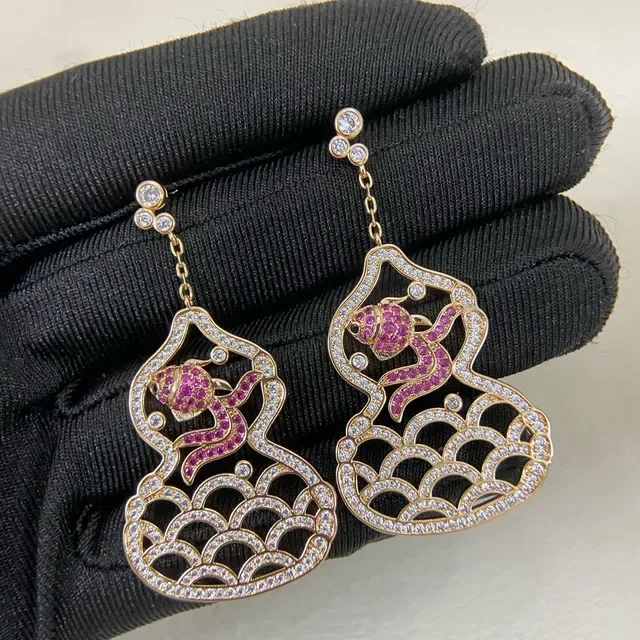 Gold-Tone Ruby and Diamond Gourd-Shaped Fish Motif Earrings 2