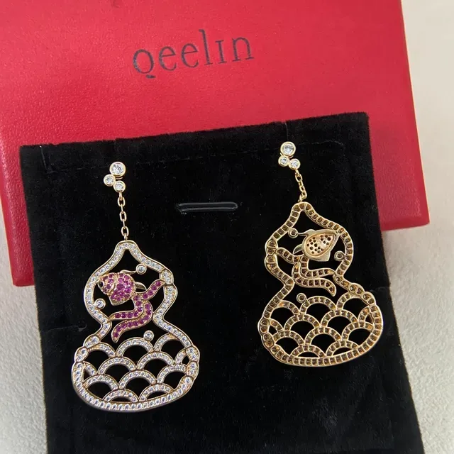 Gold-Tone Ruby and Diamond Gourd-Shaped Fish Motif Earrings 3