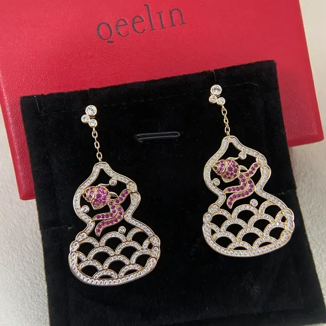 Gold-Tone Ruby and Diamond Gourd-Shaped Fish Motif Earrings 4
