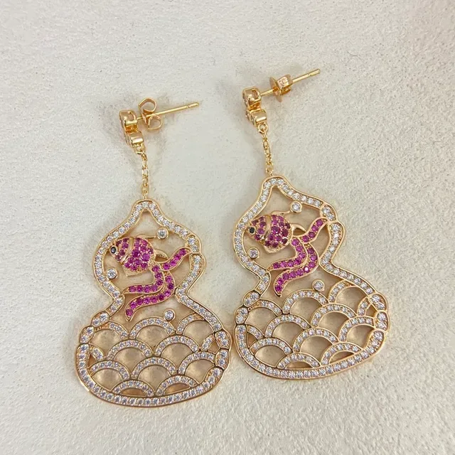 Gold-Tone Ruby and Diamond Gourd-Shaped Fish Motif Earrings 5