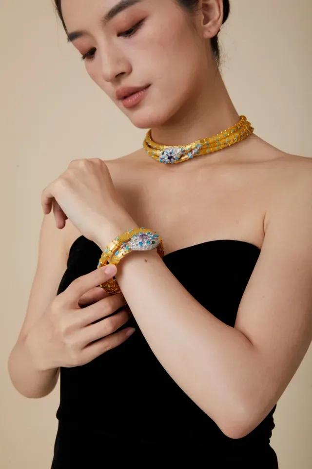 Gold-Tone Serpent Coil Gem-Encrusted Bracelet 8