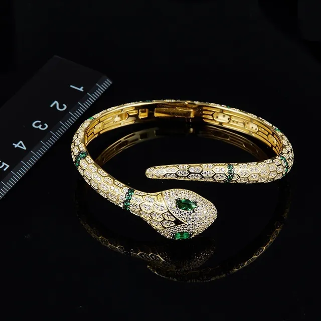 Gold-Tone Snake Motif Pavé Crystal and Emerald Bracelet 2