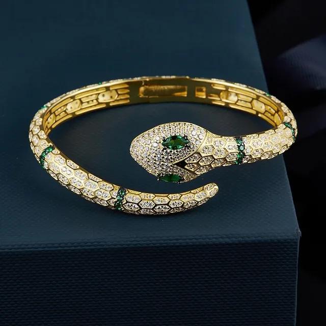 Gold-Tone Snake Motif Pavé Crystal and Emerald Bracelet 3