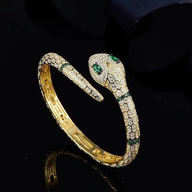 Gold-Tone Snake Motif Pavé Crystal and Emerald Bracelet 4