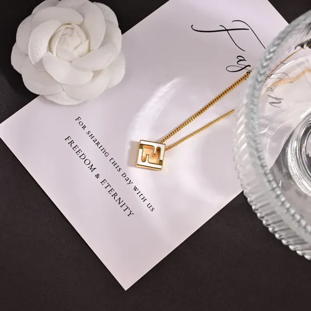 Gold-Tone Square Logo Pendant Chain Necklaces 2