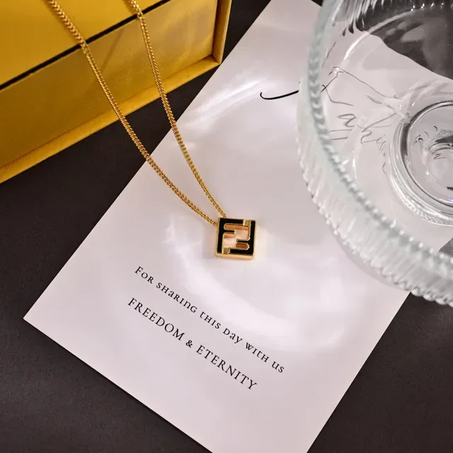 Gold-Tone Square Logo Pendant Chain Necklaces 5
