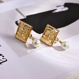 Gold-Tone Square Openwork Pearl Drop Earrings