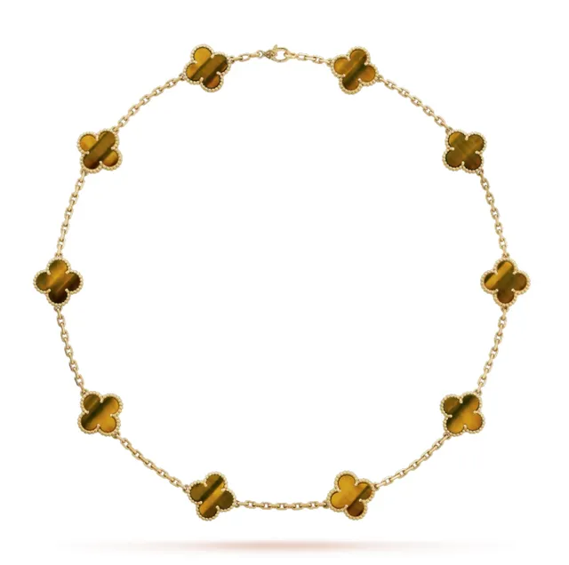 Gold-Tone Tiger's Eye Four-Leaf Clover Motif Necklace 8