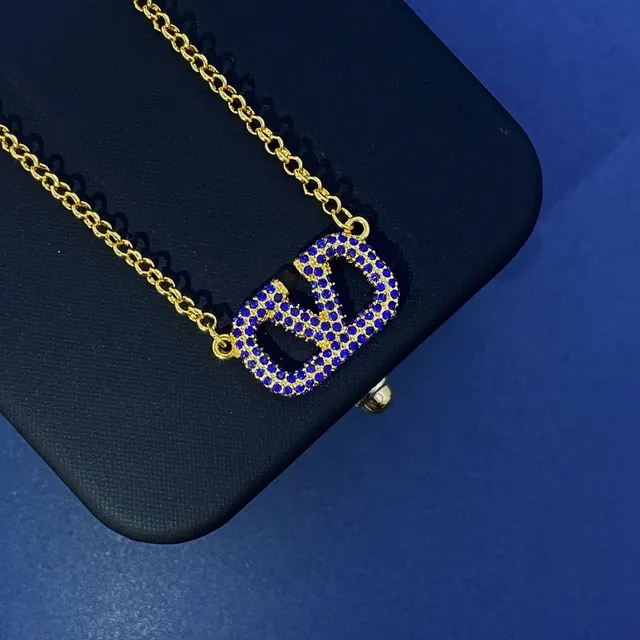 Gold-Tone V Monogram Pavé Blue Stone Necklace 6