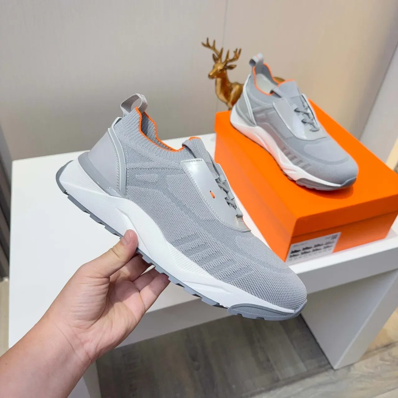 Gray and Orange Knit Slip-On Lifestyle Sneakers 4