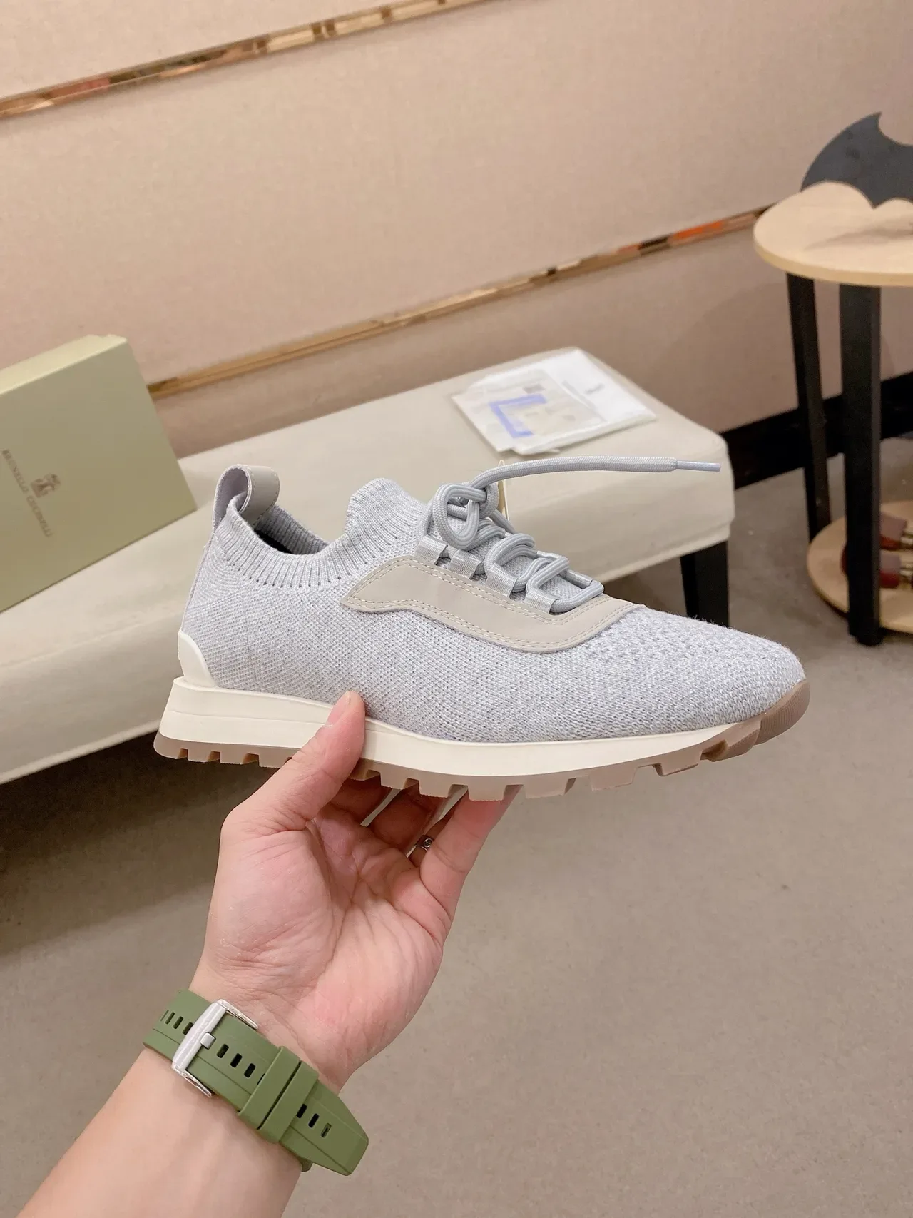 Gray Beige Knit Upper Sock-Fit Collar Sneakers 4