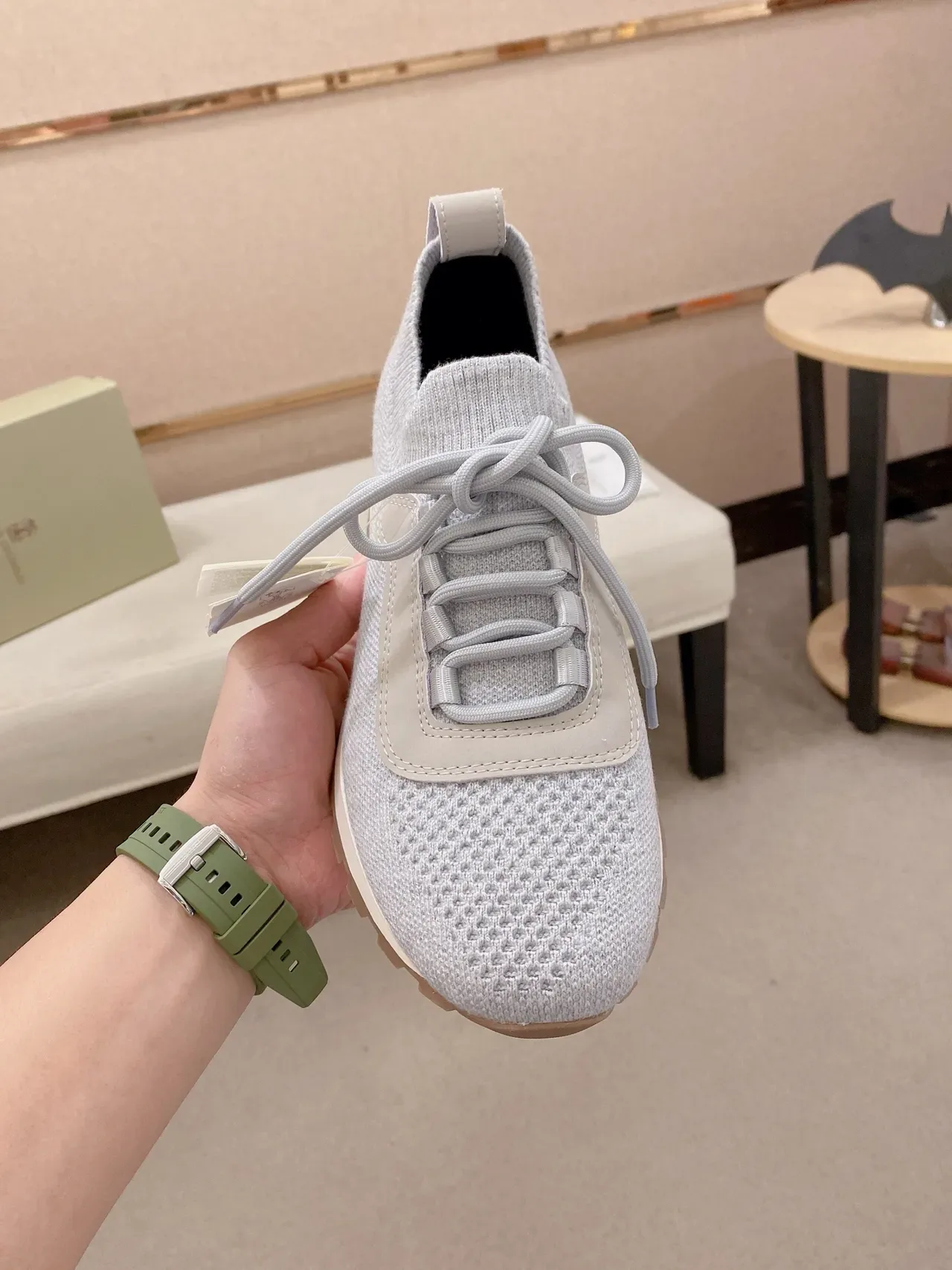 Gray Beige Knit Upper Sock-Fit Collar Sneakers 5