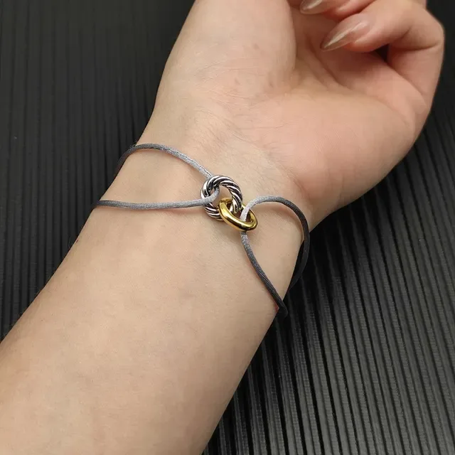 Gray Gold Cord-Wrapped Dual-Tone Metal Ring Bracelet 7